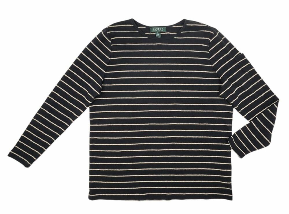 Lauren Ralph Lauren Top Womens 1X Knit Black Gold Metallic Striped Long Sleeve